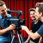** A young, enthusiastic film crew (director, camera operator, actors) collaborating on a movie set. Emphasize teamwork, passion, and the energy of filmmaking. Include professional equipment.

**