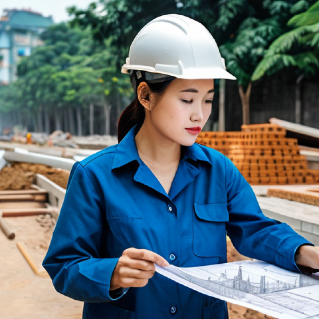 **

"A professional female architect, fully clothed in a modest business casual outfit, reviewing blueprints on a construction site in Hanoi, Vietnam. Safe for work, appropriate content, perfect anatomy, correct proportions, natural pose, professional."

**