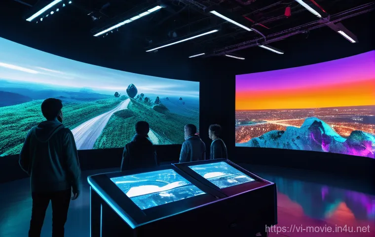 영화 제작사에서 요구하는 기술 - **Prompt: "Dynamic Virtual Production Film Set"**
    A vibrant, wide-angle cinematic shot of a bust...