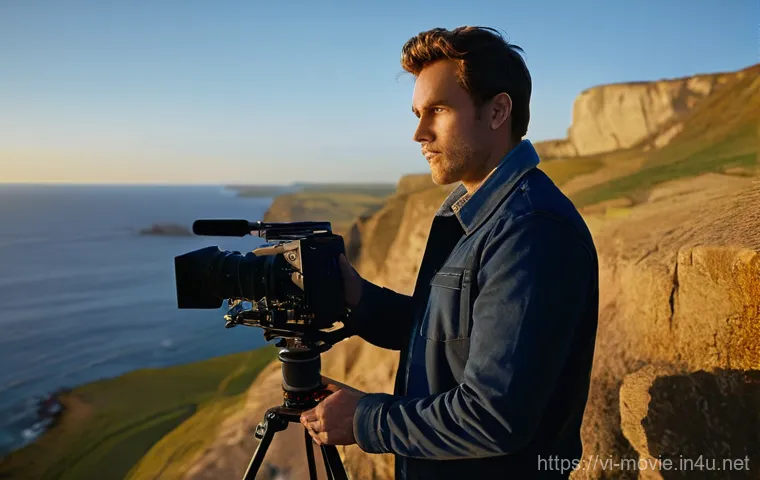 영화 제작 장비 리뷰 - **Prompt:** Inside a minimalist, modern studio space, a small, diverse film crew of three (one male,...