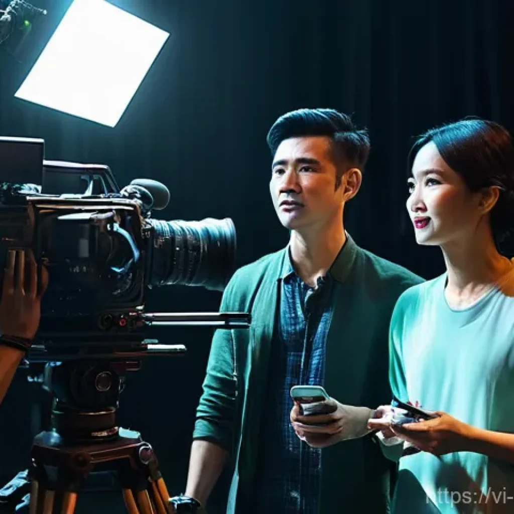 촬영 현장의 팀워크 사례 - **"A vibrant and bustling modern Vietnamese film set during a night shoot. A diverse crew of profess...