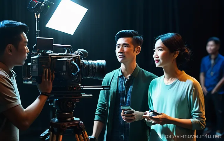 촬영 현장의 팀워크 사례 - **"A vibrant and bustling modern Vietnamese film set during a night shoot. A diverse crew of profess...