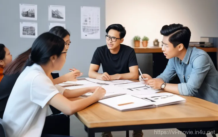 촬영 현장의 팀워크 사례 - **"A vibrant and bustling modern Vietnamese film set during a night shoot. A diverse crew of profess...