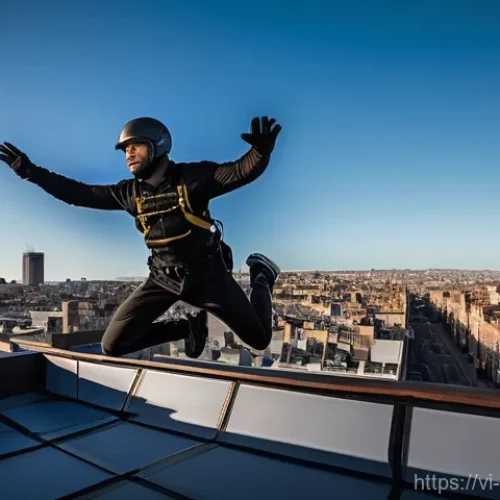 영화 촬영 중 발생한 사고 사례 - **A highly athletic male stunt performer, mid-air, executing a dynamic jump between two urban roofto...