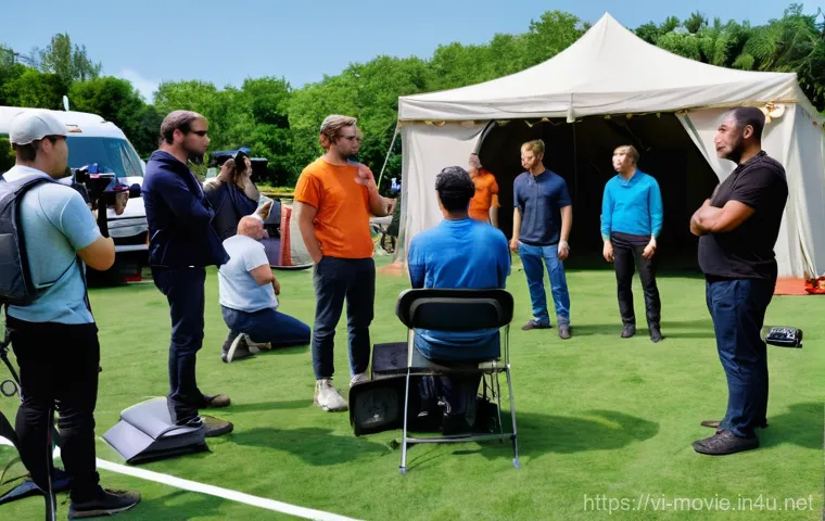 영화 촬영 중 발생한 사고 사례 - **A sophisticated camera crane (technocrane) on a busy outdoor film set, being meticulously inspecte...