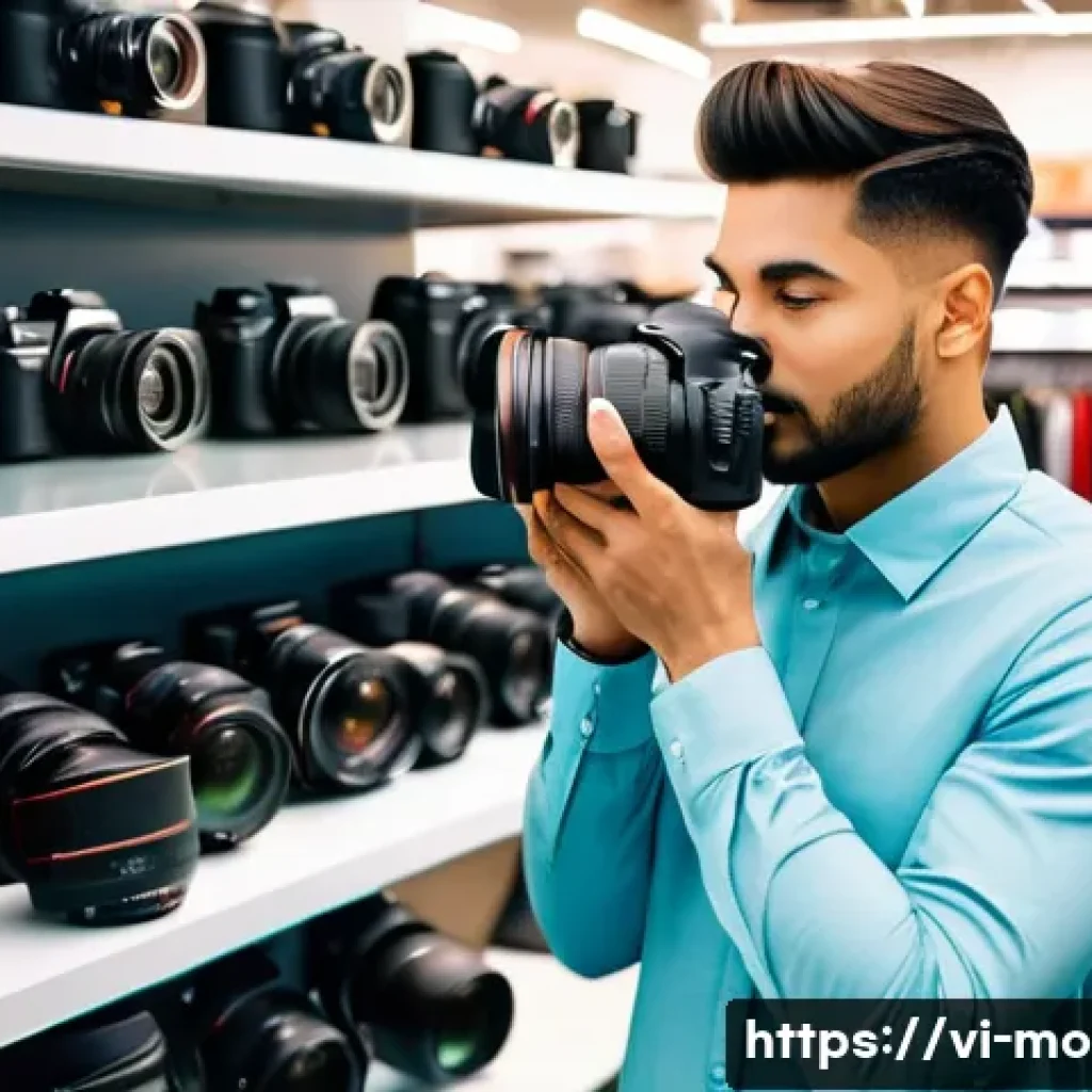 촬영 장비 렌탈 팁 - A vibrant, well-lit image of a young, enthusiastic content creator, dressed in a fashionable yet mod...