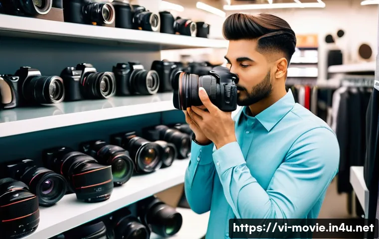 촬영 장비 렌탈 팁 - A vibrant, well-lit image of a young, enthusiastic content creator, dressed in a fashionable yet mod...