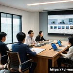 영화 프로듀서가 알아야 할 법률 - A professional Vietnamese film production meeting scene in a modern studio, diverse team of producer...
