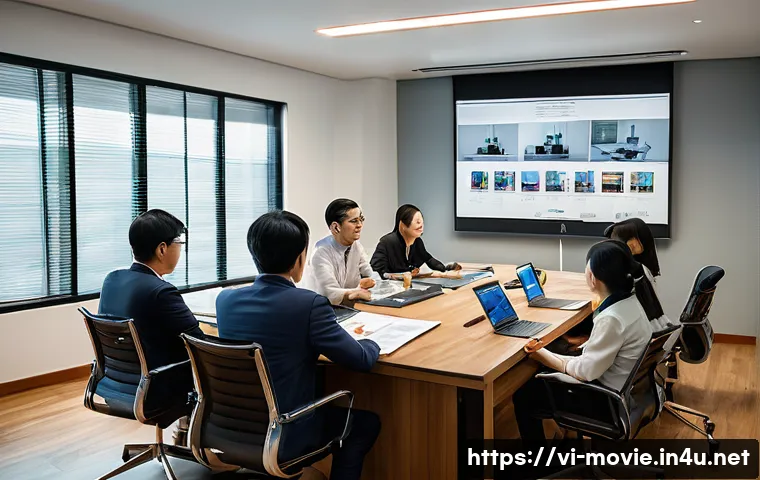 영화 프로듀서가 알아야 할 법률 - A professional Vietnamese film production meeting scene in a modern studio, diverse team of producer...