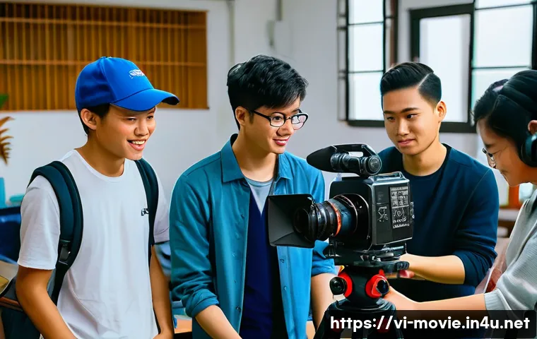 영화 제작 관련 자격증 취득 방법 - A professional film production workshop scene in Vietnam, showing a diverse group of young adults co...
