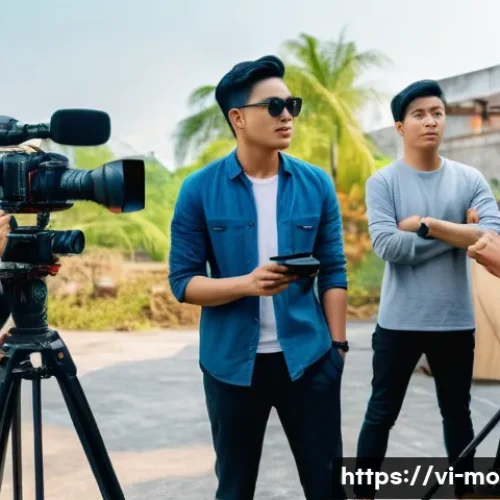 영화 제작 예산의 할당 전략 - A professional Vietnamese film production set featuring a diverse cast of actors in modest, stylish ...