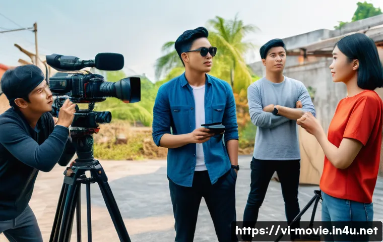 영화 제작 예산의 할당 전략 - A professional Vietnamese film production set featuring a diverse cast of actors in modest, stylish ...