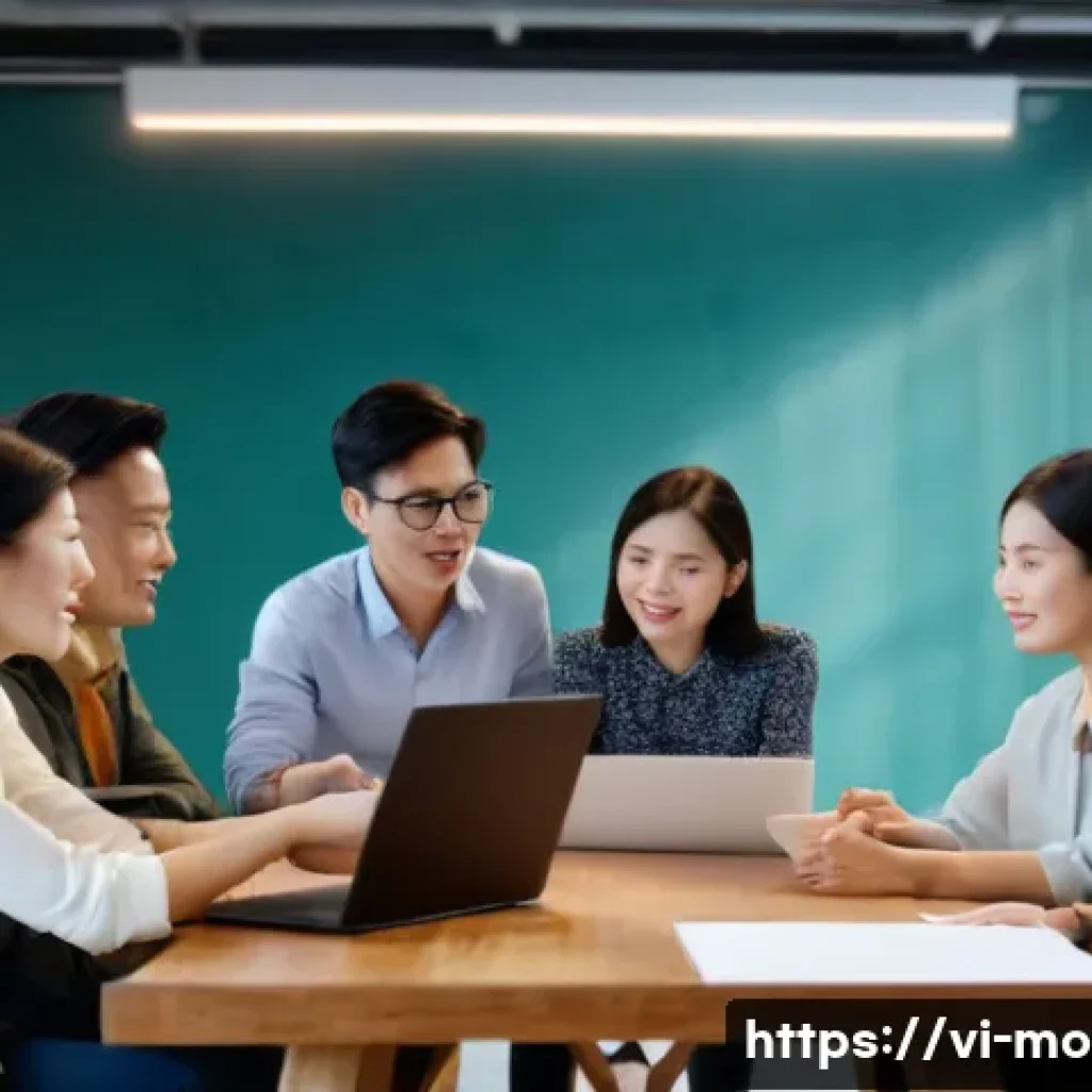 영화 제작 현장에서의 갈등 해결 - A professional Vietnamese film production team in a modern, well-lit studio, collaboratively reviewi...