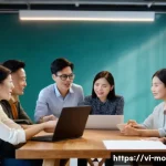 영화 제작 현장에서의 갈등 해결 - A professional Vietnamese film production team in a modern, well-lit studio, collaboratively reviewi...