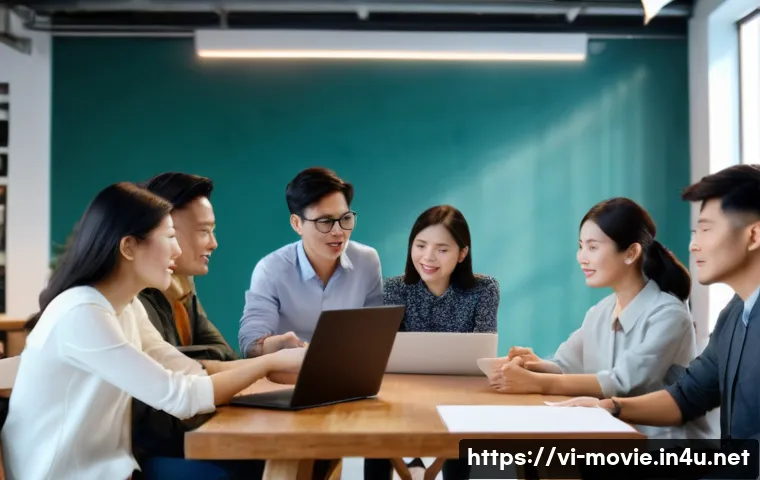 영화 제작 현장에서의 갈등 해결 - A professional Vietnamese film production team in a modern, well-lit studio, collaboratively reviewi...
