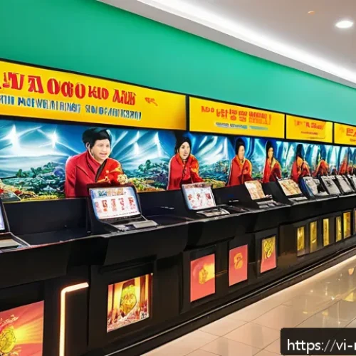 영화 제작사의 수익 구조 - A vibrant modern Vietnamese movie theater lobby bustling with diverse audiences of all ages, showcas...