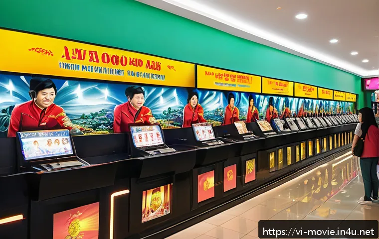 영화 제작사의 수익 구조 - A vibrant modern Vietnamese movie theater lobby bustling with diverse audiences of all ages, showcas...