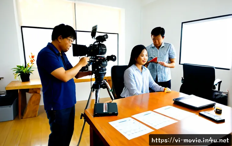 Home 13 영화 프로덕션 업무 사례 분석 - Photorealistic Vietnamese film production case study scene, a diverse production team reviewing a st...