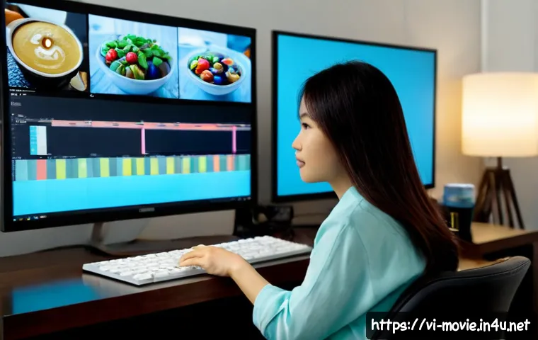 영화 후반 작업의 주요 이슈 - Photorealistic Vietnamese film post-production studio, focused editor in a modern editing suite revi...